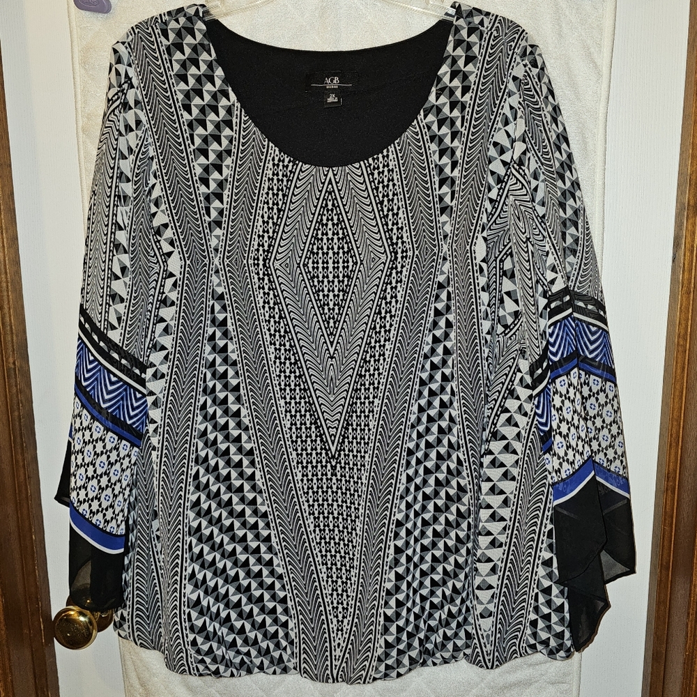 2x AGB Black and Blue Blouse with Long Angel Sleeves and Geometric Pattern